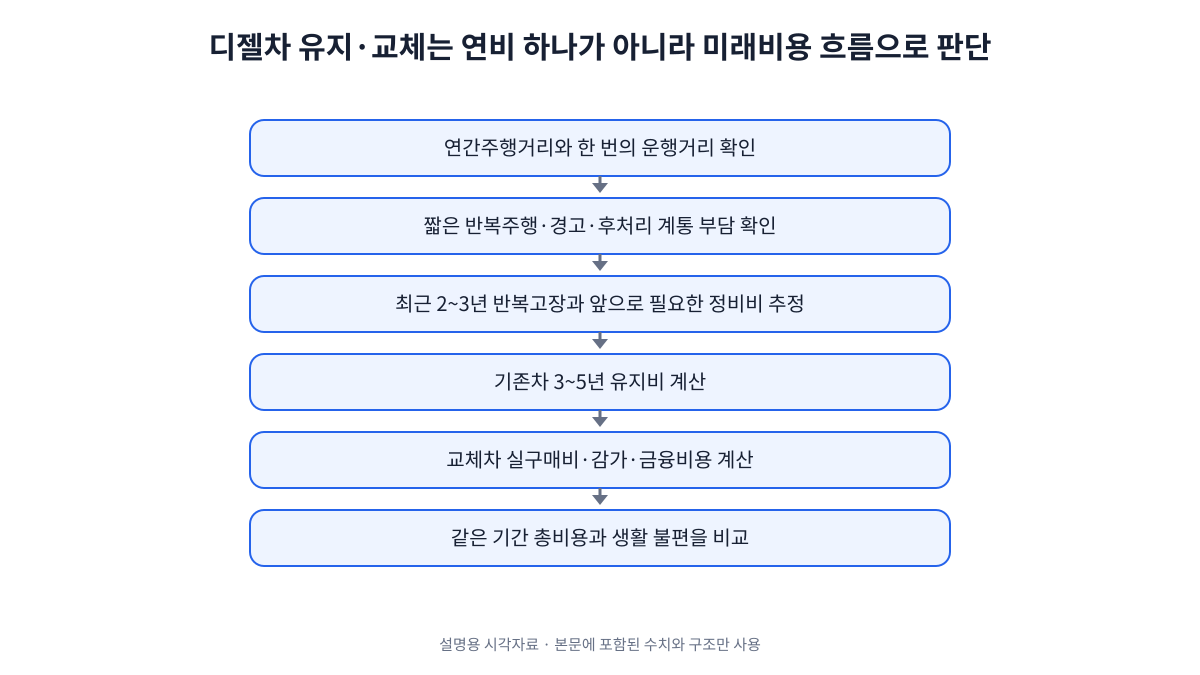 디젤차를 계속 탈지 교체할지 결정할 때 연간주행거리와 운행패턴, 반복고장, 기존차 유지비와 교체차 감가·금융비용을 같은 기간으로 비교하는 의사결정 흐름